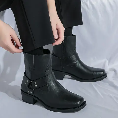 Men's Leather Chunky-Heeled Ankle Boots  Side Zipper Outdoor Casual Walking Boot  Anti-Slip Business Boots For Autumn And Winter