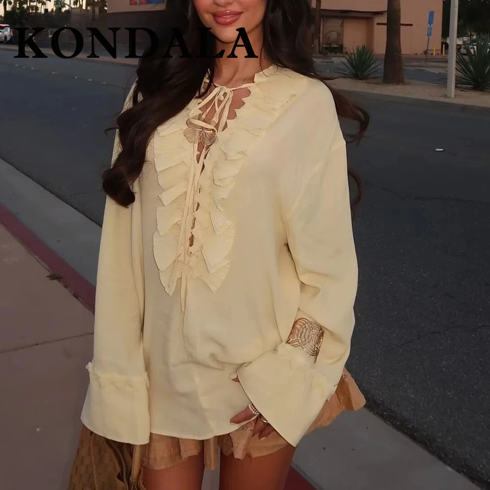 KONDALA ヴィンテージイエローエレガントな女性スーツ V ネックレースアップルーズシャツ + プレーテッドロングスカートカジュアル女性春 2025 ホリデーセット