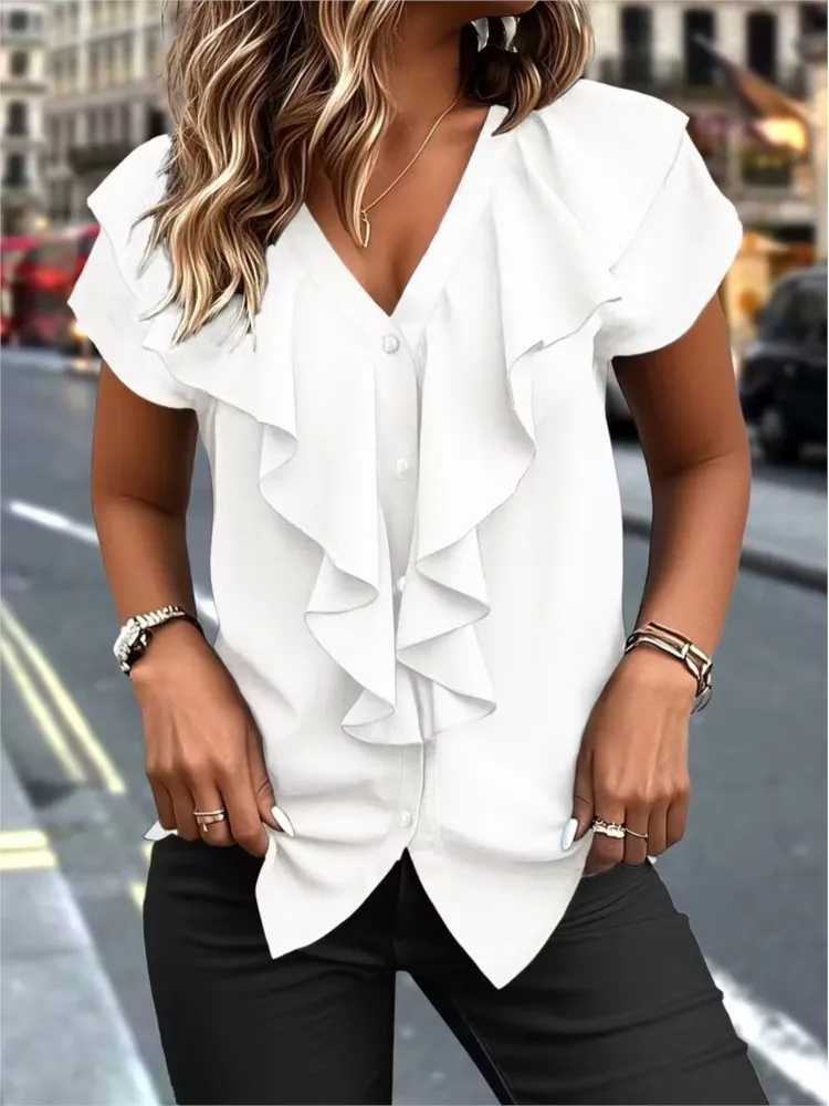 

New V-neck Ruffled Short-sleeved Chiffon Shirt For Women Summer Solid Color Top Shirt Summer Fashion Elegant Casual White Shirts