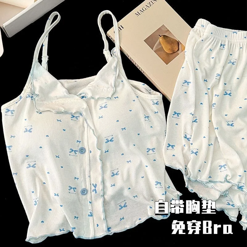 

French Small Fragrant Wind Sweet Bow Loungewear Modal Cotton Pajamas Women's Summer Suspenders with Chest Pads Outside