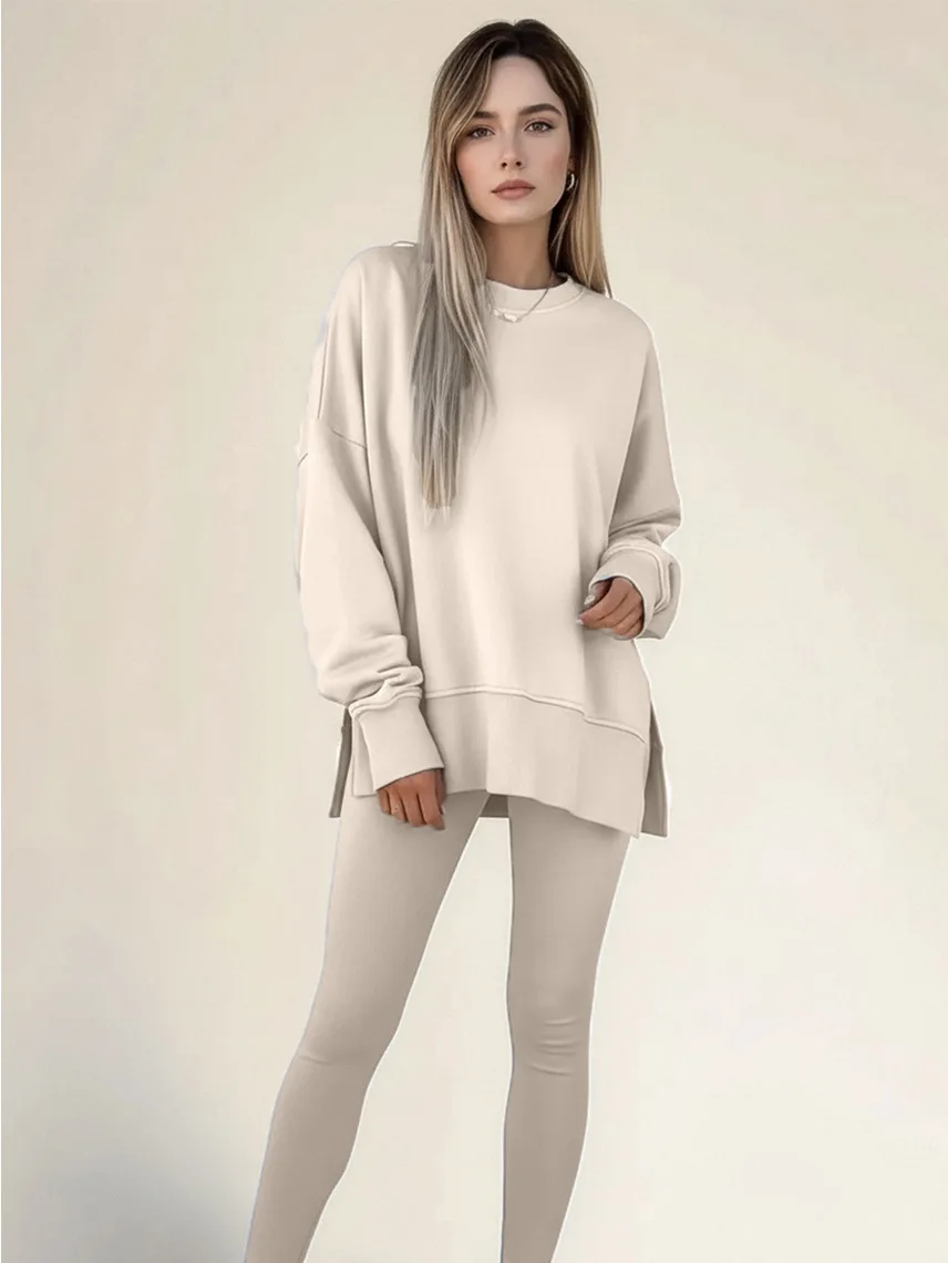 طقم مريح فضفاض بأكمام طويلة ورقبة دائرية وسروال طويل ضيق #1