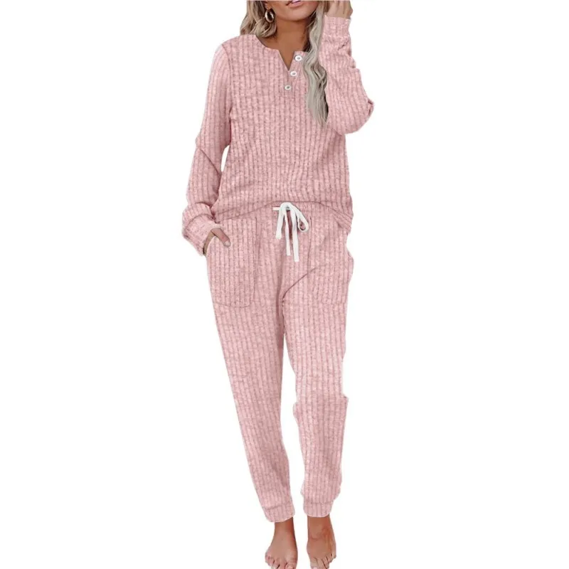 Casa casual feminino 2 peça conjunto 2025 outono inverno malhas calças terno pijamas com nervuras conjunto homewear loungewear outfits