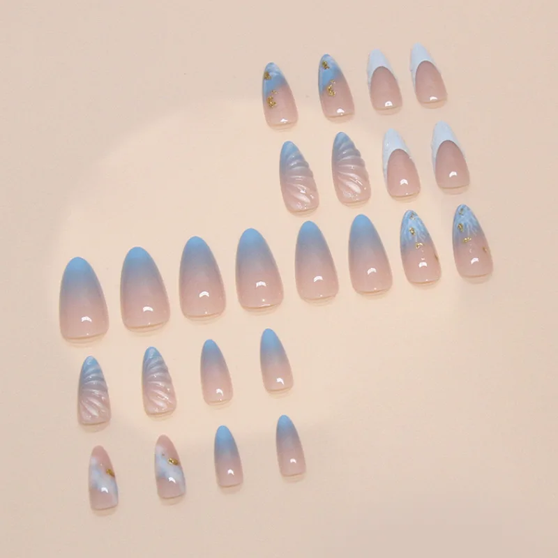 24pcs Ocean Fake Nails Long Almond Head Press On Nails Y2k False Nails 3D Crystal Stripe Decor Wearable Blue Gradient French Tip