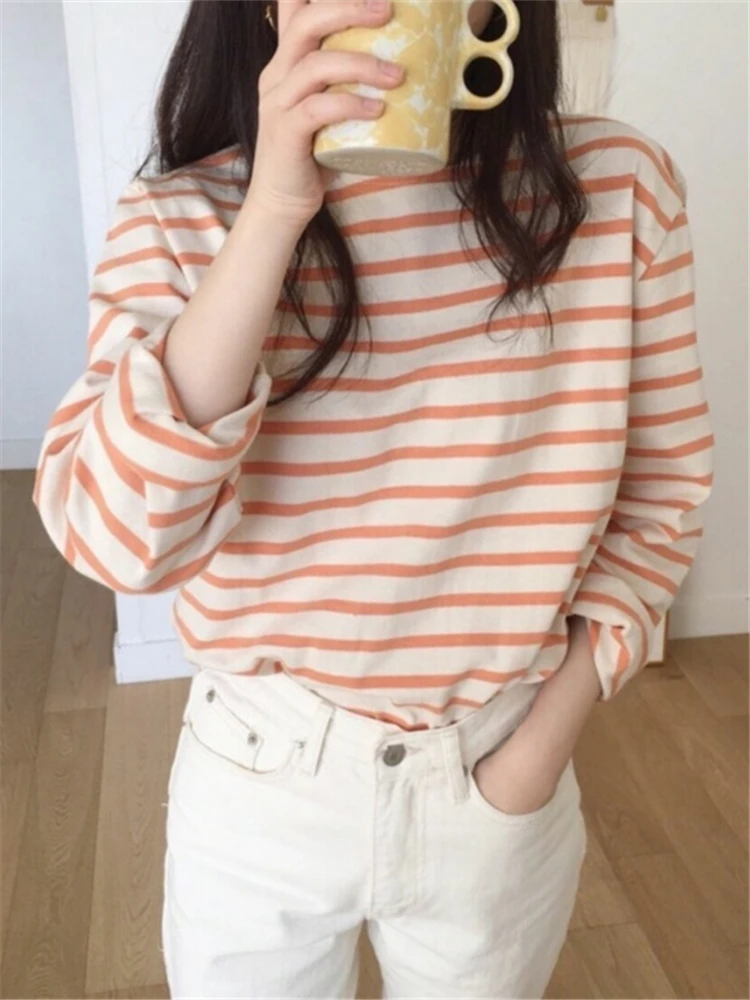 Seoulish Autumn Cotton Classic Striped Women\'s T-Shirts 2023 New Long Sleeve O-Neck Casual Loose Shirts Female Knitting Tops