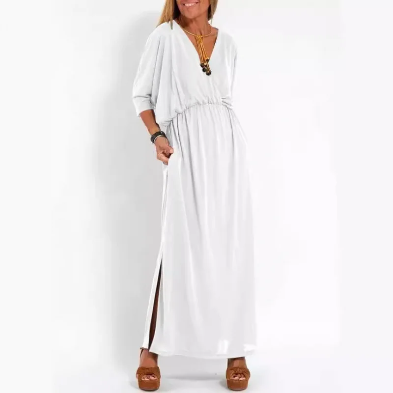 فستان صيفي أوروبي وأمريكي لعام 2025 بلون سادة وفتحة عالية الخصر