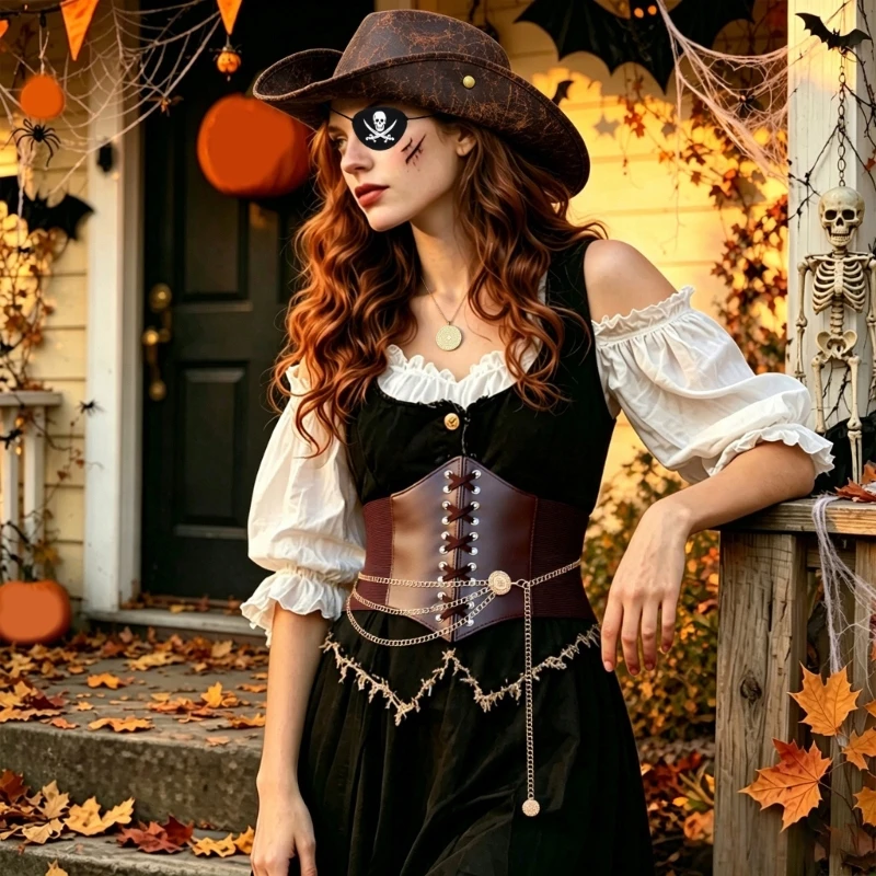 5Pcs Halloween Pirate Costume for Women Girls Pirate Hat Medieval Corset Waist Belt Eye Patches Necklace for Womens