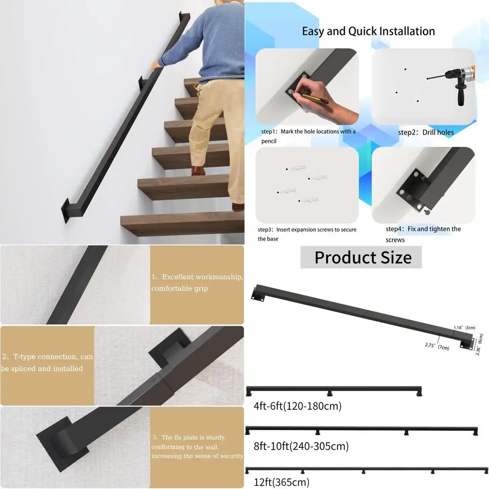 درابزين الدرج الداخلي بطول 12 قدمًا، درابزين الدرج الحديدي الأسود، درابزين صناعي مثبت على الحائط، درابزين الدرج الداخلي 500 للأمان #1