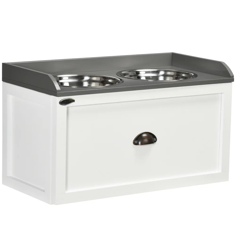 PawHut Dog Feeding Station with Storage Drawer, 2 Removable Elevated Bowls for Large Dogs, White view 2