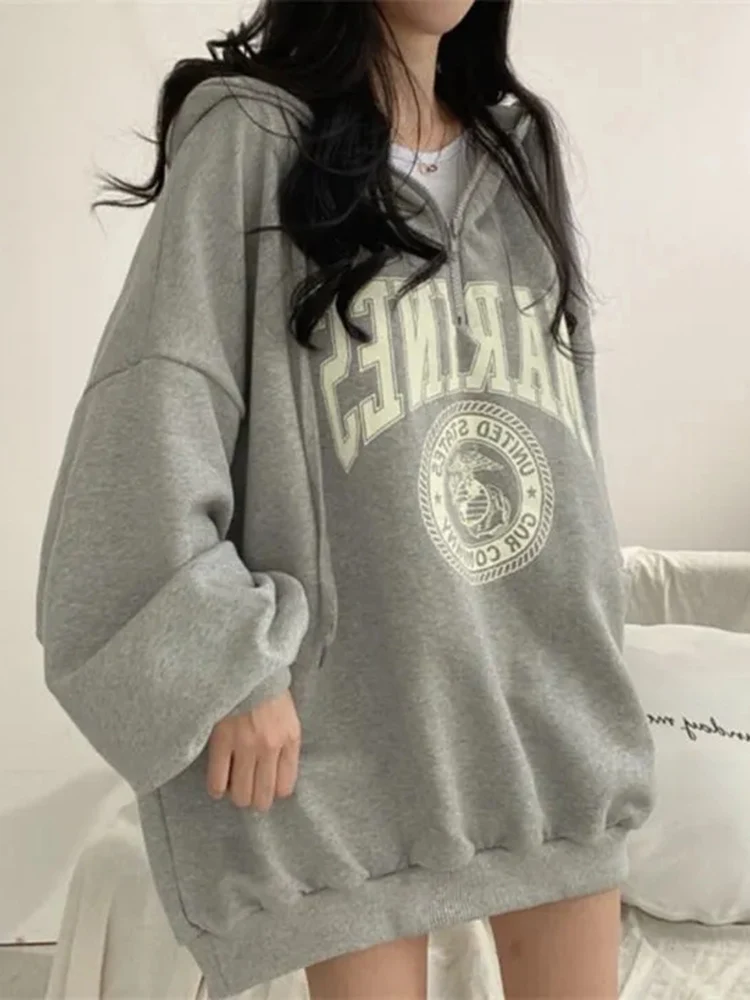 Jmprs Oversize Lazy Wind Hoodies Women Korean Harajuku Letter Loose Sweatshirt Casual Zipper Long Sleeve Bf Vintage Pullovers