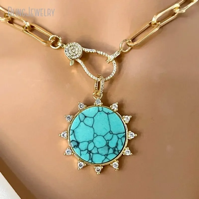 10pcs Carabiner Paperclip Chain Necklace Turquoise Howlite Pendant Spiked CZ Bezel Micro Pave Lobster Clasp Jewelry
