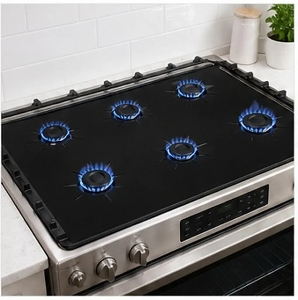 1Set Gas Stove Top Cover Precut Hole Stove Liner for Kitchen Cleaning Brush Included Reusable Dishwasher Safe