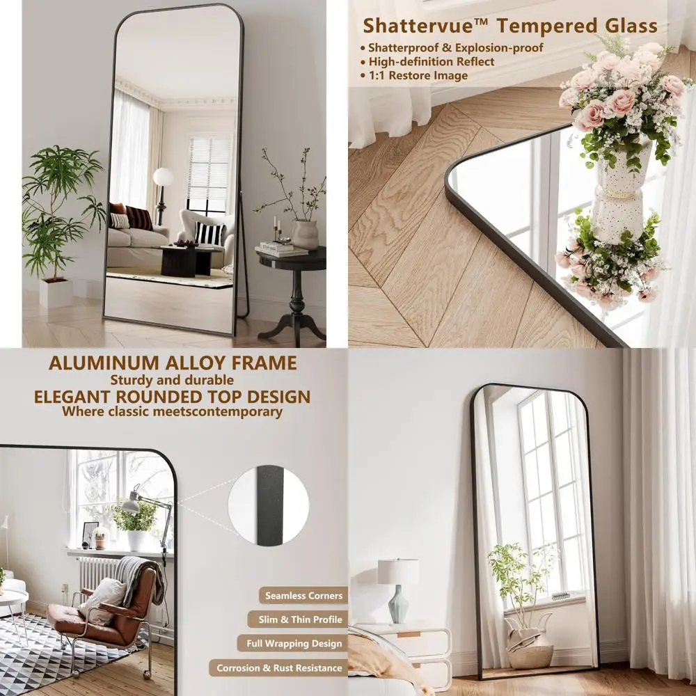 Miroir pleine longueur Koonmi, miroir pleine longueur 65x24 avec support, miroir de sol à bords carrés supérieurs bombés noirs avec alliage d'aluminium Fr