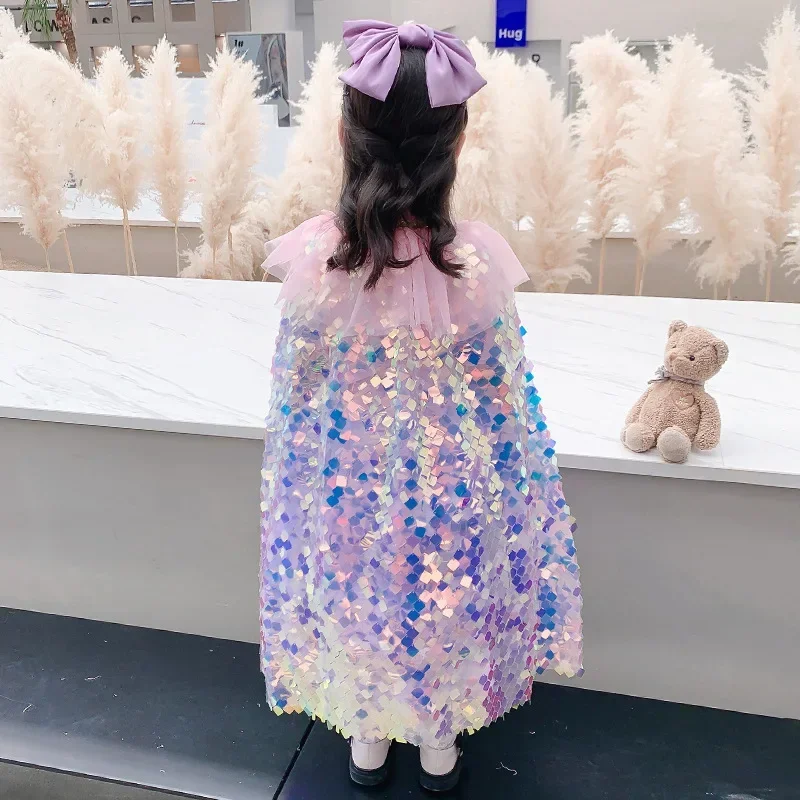 

3-10 Years Girls Little Mermaid Cloak Children Colorful Sequined Capes Princess Cloak Kids Shiny Party Costume Girl Dress up