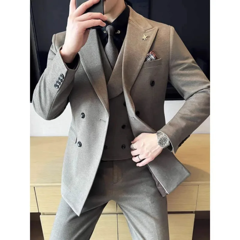 Men Double Breasted Thick Woolen Suit Set Split Hem Wedding Business Formal Suit