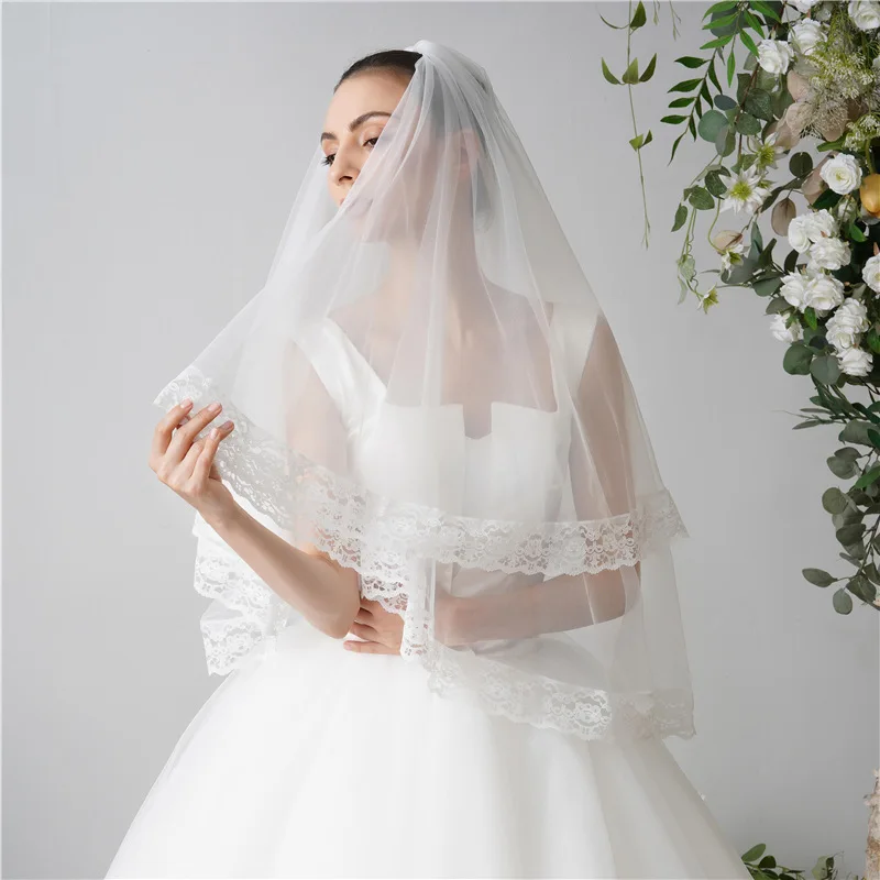 

Short Bridal Veil White Lace Travel Photography Double Layer with Metal Hair Comb Mariage Wedding Veils Bride Fascinator Boda