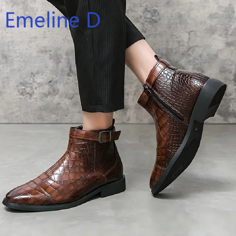 

Sharp Pointed Crocodile Pattern Short Boots Fashionable British Style Low Heel Side Zipper Casual and Versatile High Top Boots