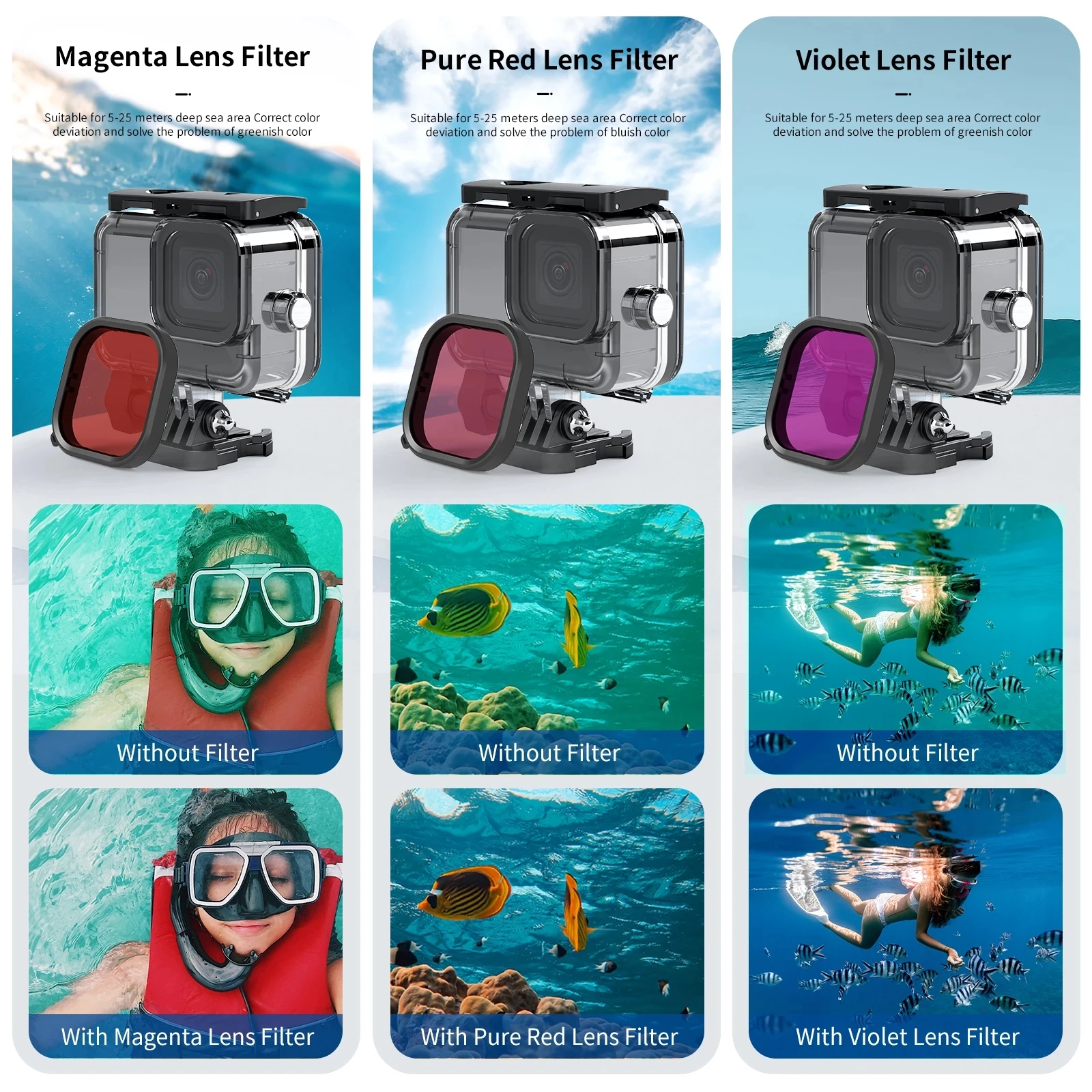Custodia Impermeabile GoPro Hero 13/12/11/10/9 • 45 M • Con 3 Filtri Correzione Colore • Nero
