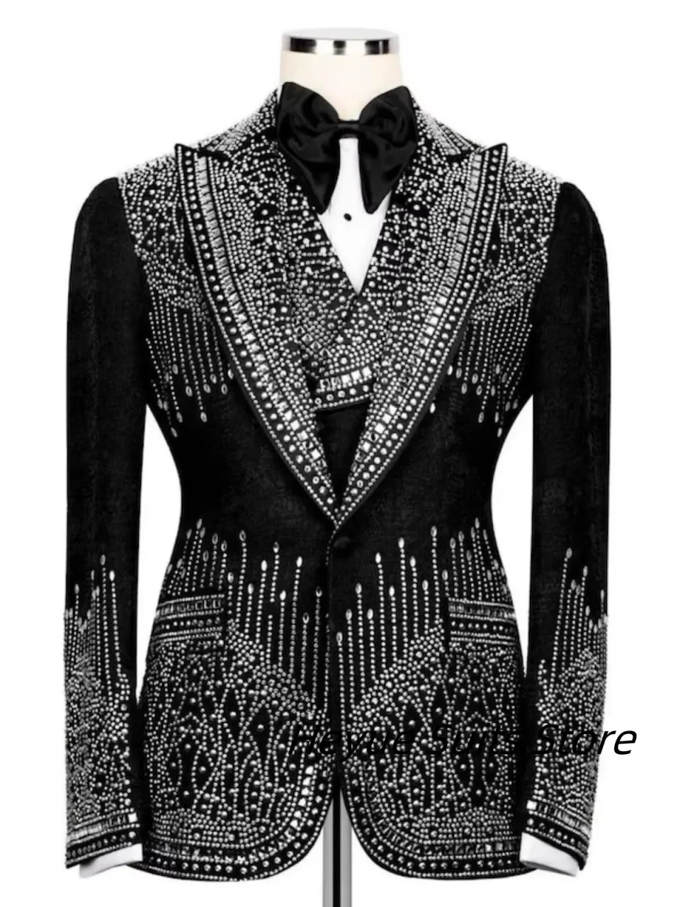 

Gorgeous Crystal Bead Handsome Men Suits 3 Pcs Sets Customzied Slim Fit Peak Lapel Groom Wedding Tuxedos Prom trajes para hombre