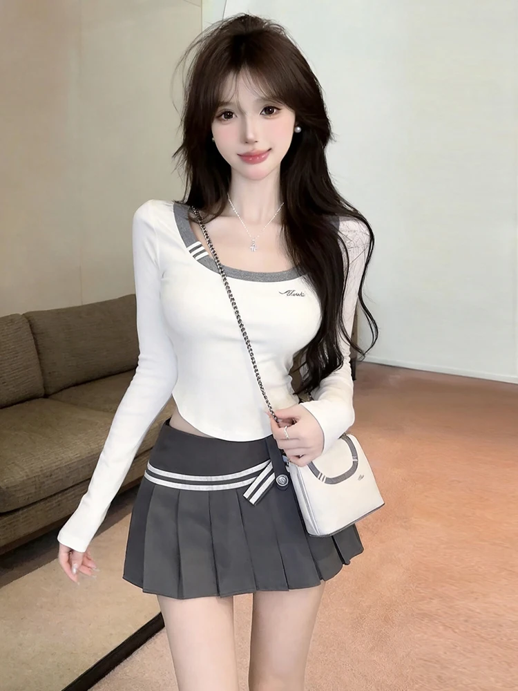 Korean Style Pure Desire Embroidered Color Block Long Sleeve T-Shirt Top Slim Fit Pleated  Skirt Uniform Set Women's Fashion