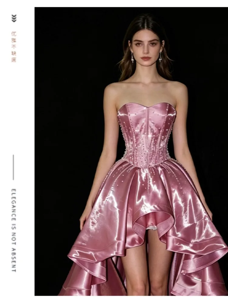 Strapless evening dress for women in a pink style birthday and coming-of-age gifts heavy light luxury with trailing effect