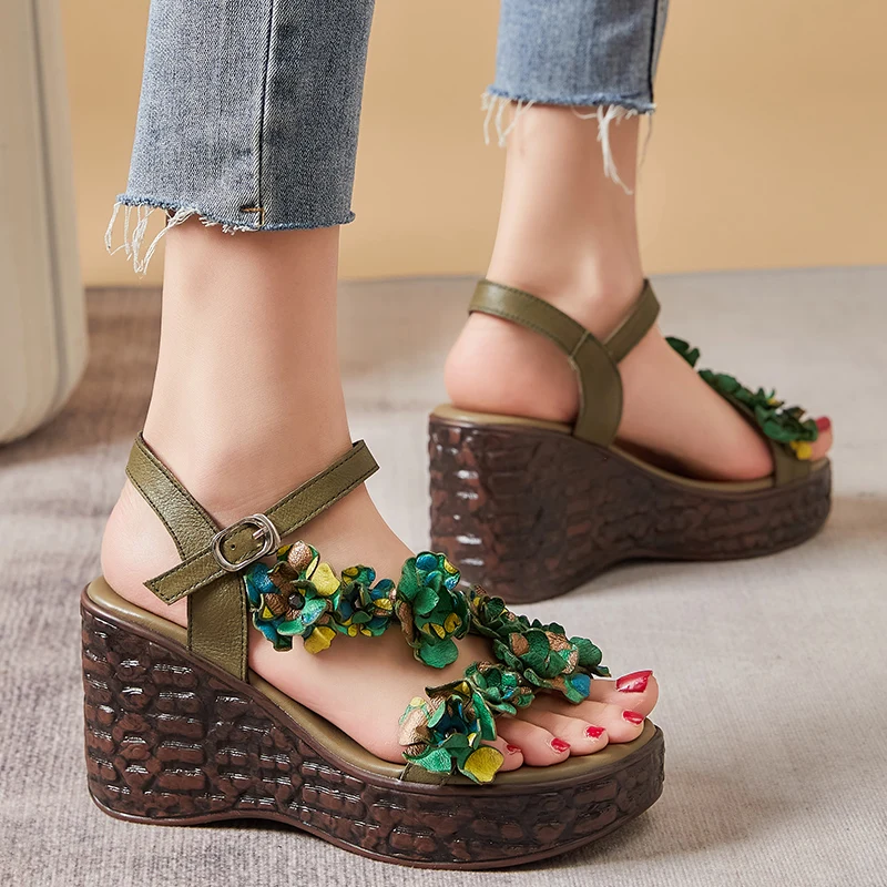 

8cm Women Sandals Fashion Genuine Leather Ladies Appliques Flower Platform Wedge Designer Summer Buckle Authentic Elegance Shoes