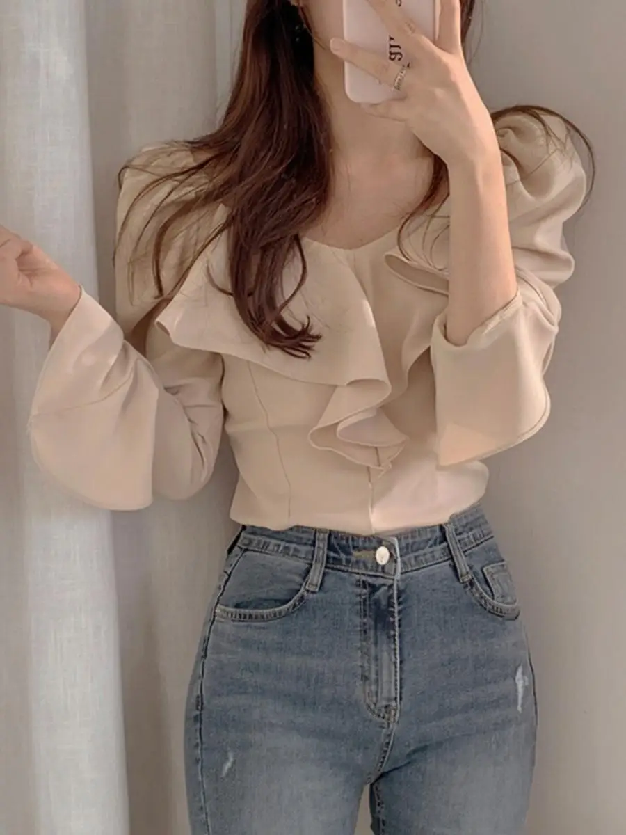 

Slim Fit Long Sve Women's irt Brand Button Design Wood ain Commute Sle V-ne Regular Length Pure Color