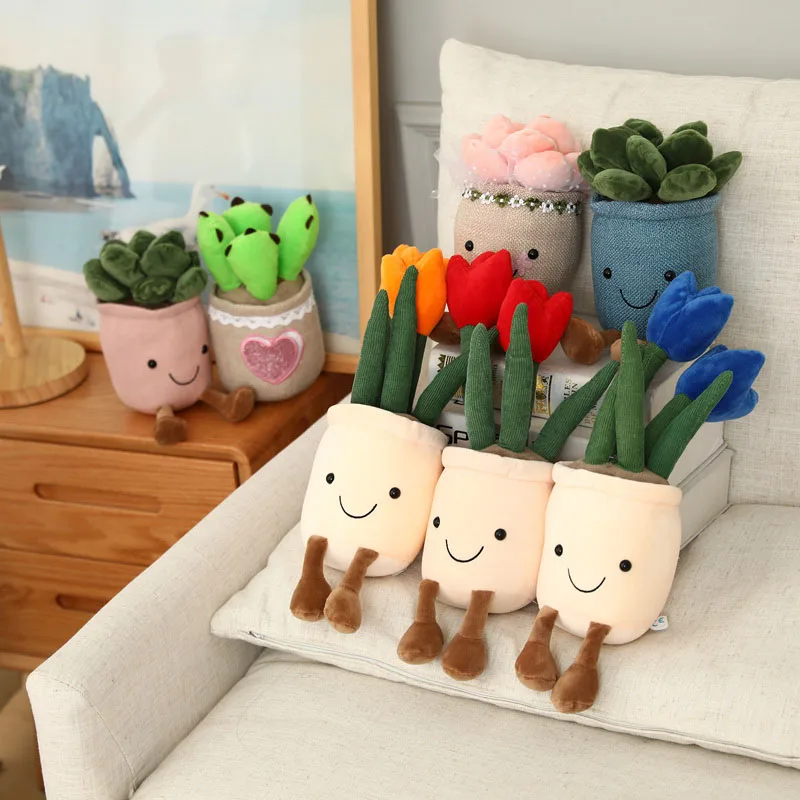 Simulazione Vaso di fiori Peluche Farcito Morbido Tulipano Fungo succulente Harebell Rosa Annouro Pianta con gambe Decorazione viso sorridente