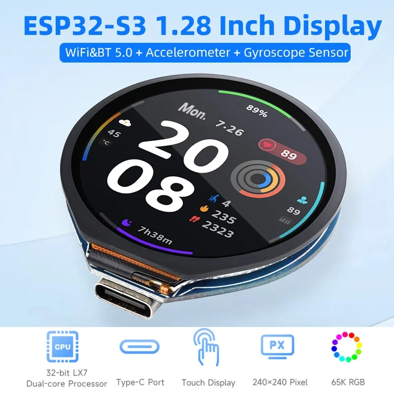 ESP32-S3 Development Board WiFi+Bluetooth 5.0 1.28 Inch Capacitive Touch Screen Round LCD Accelerometer Gyroscope Sensor