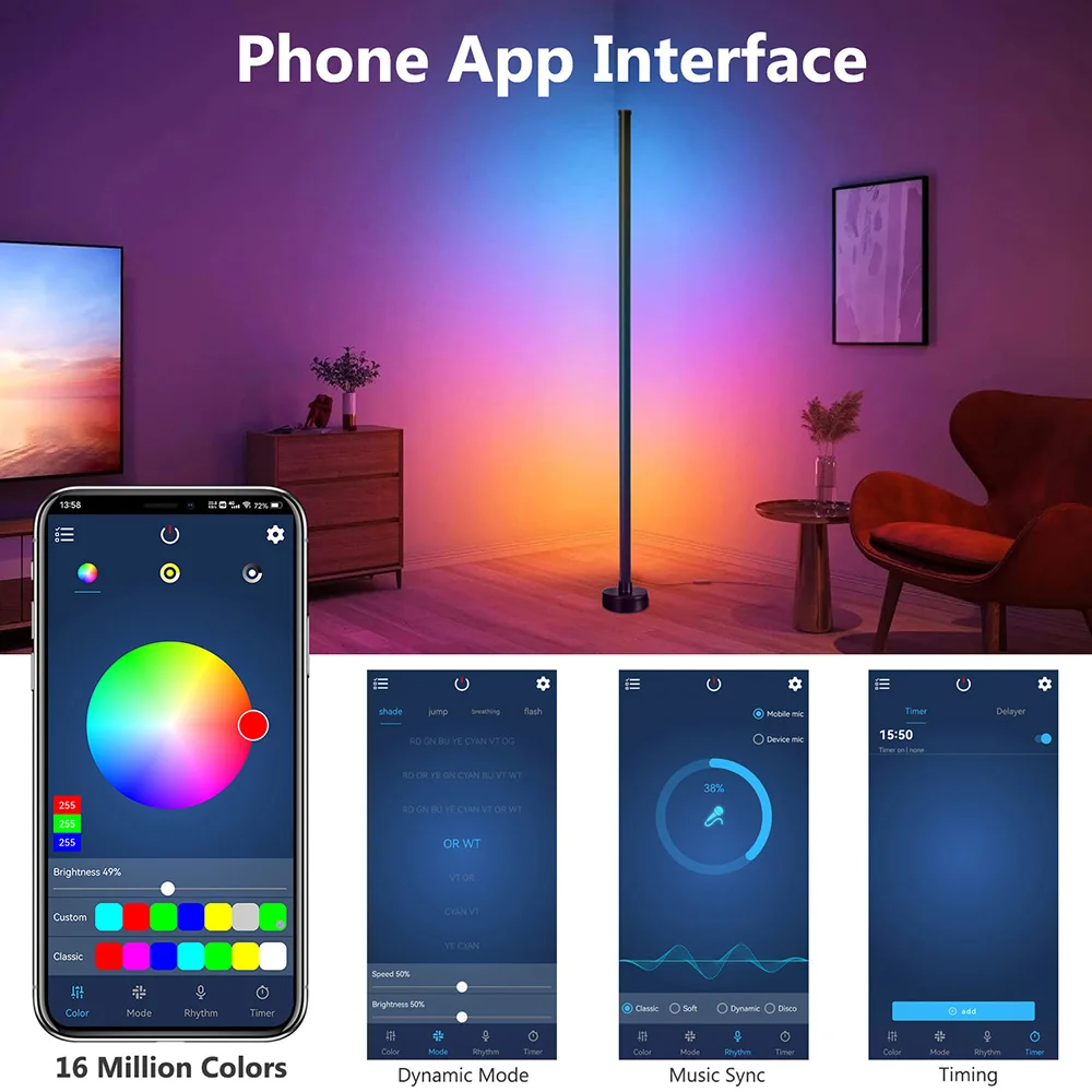 Smart LED Floor Lamp RGB Remote & APP Control Music Sync Corner Lighting Timer Modern Mood Standing Lamp for Living Room Gaming