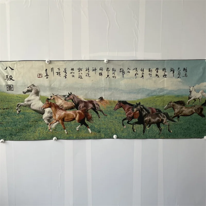 Chinese Old Color Brocade Embroidery Artwork Landscape Painting 'Eight Horses Picture' Decorative Home Decor Piece