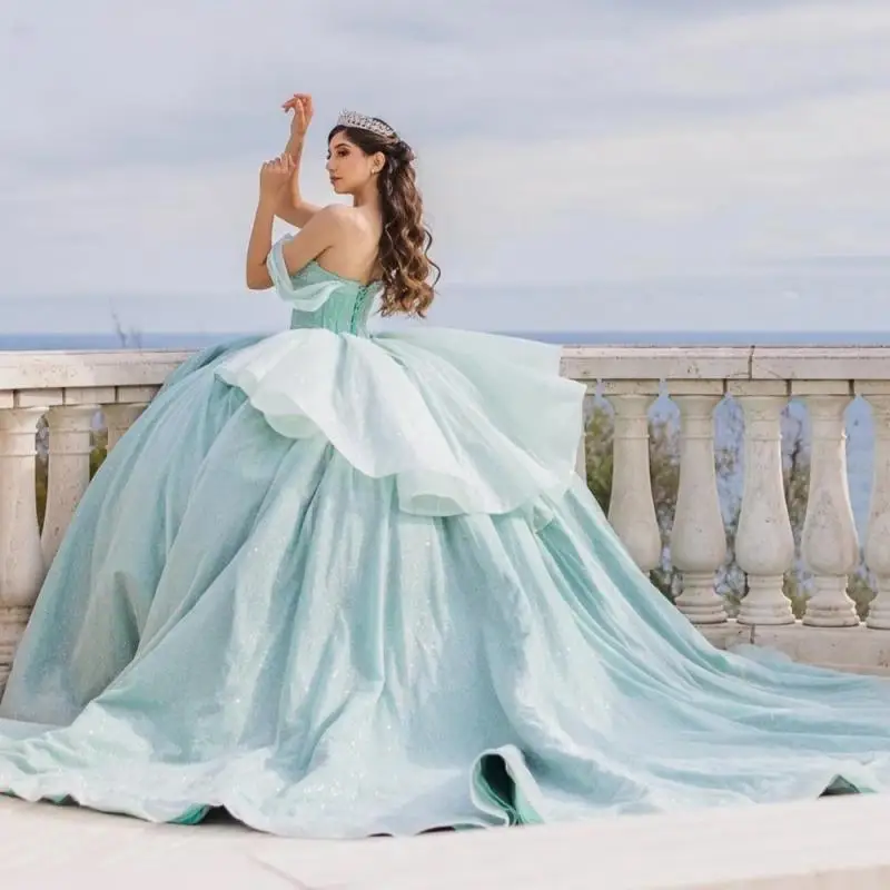 

Glitter Mint Quinceanera Dress Ball Gown Shiny Applique Beads Crystal Tiered Corset Sweet 16 Vestidos De 15 Años