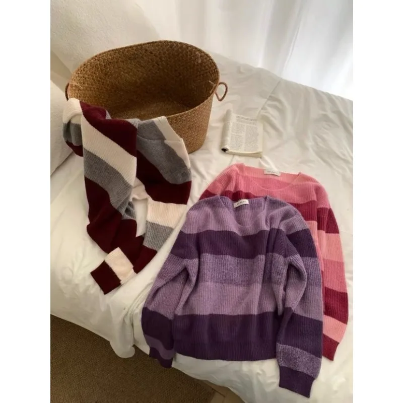 الكورية شيك كسول نمط لينة وشمعي محبوك الوردي مخطط الأعلى 2025 الخريف نمط الخامس الرقبة المرأة السترة #6