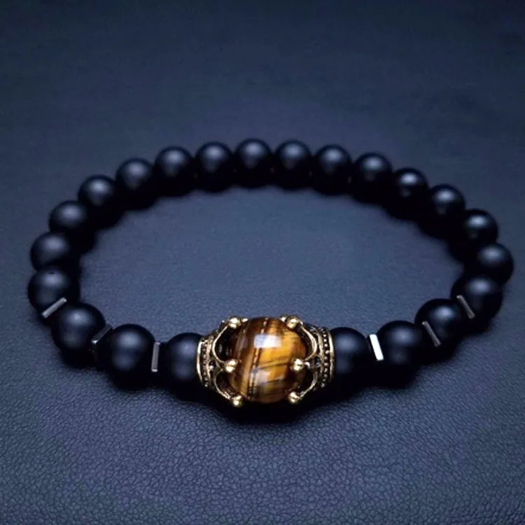 Kirykle 2024 New Charm Men\'s Bracelet Fashion Luxury Alloy Crown Tiger Eye Stone Bead Bracelet Jewelry for Women Men