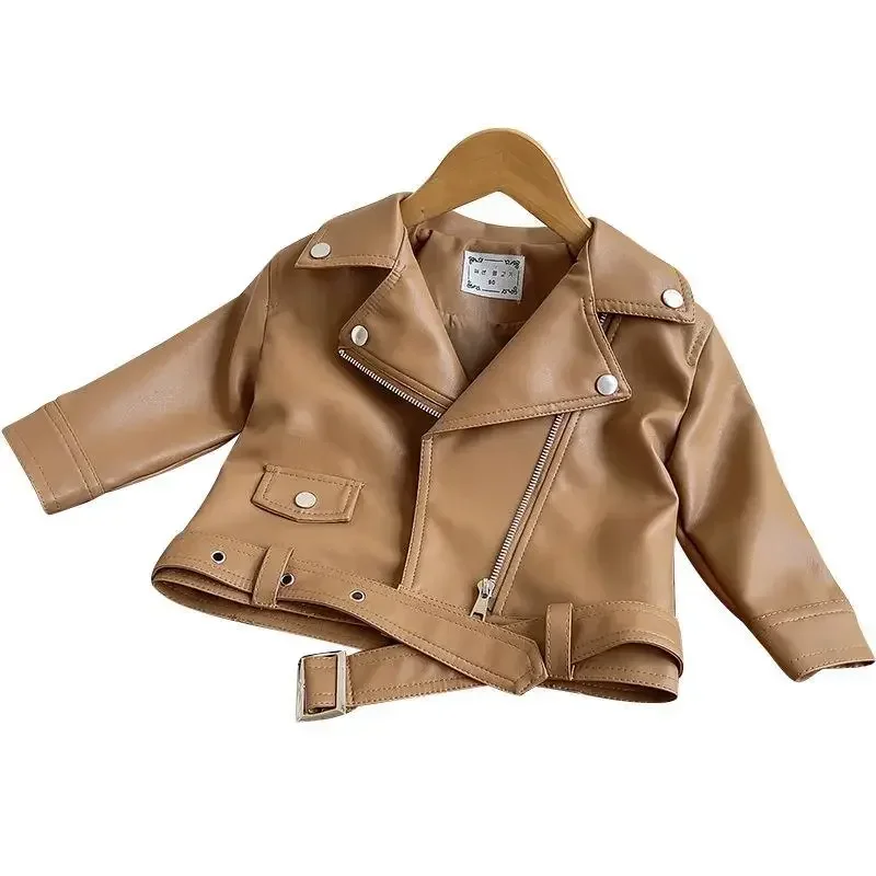 Girls Faux Leather Elegant Zipper Basic Jacket Boys Outwear Solid Slim Long Sleeve Turn-down Collar Toddler Short Coat XMP43