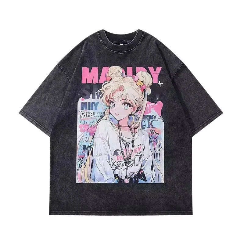 

2025 New Hot Summer Explosion Anime Sailor Moon Washed Cotton Loose Round Neck Short Sleeve Dopamine Cute Sweet Men and Women