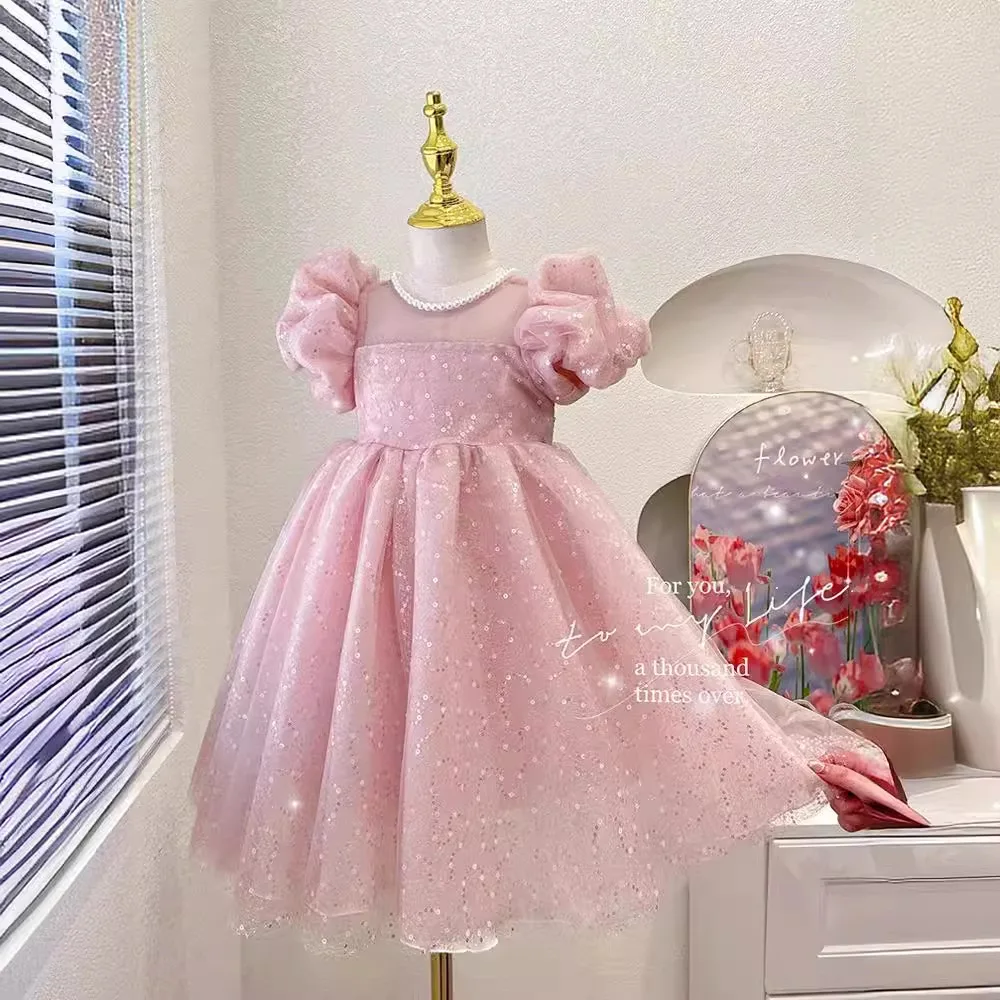 2024 New Summer Girls Sequins Fuffly Mesh Princess Ball Gown Children Cute Puff Sleeve Birthday Party Dress y1225