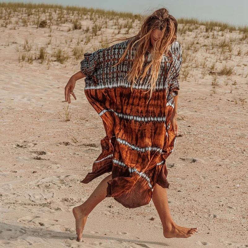 Exotic Tie Dye Kaftan Morroco Vibe Flowy Maxi Dress Women Tribal The Sahara Desert Stylish Striped Print Viscose Caftan Cover Up