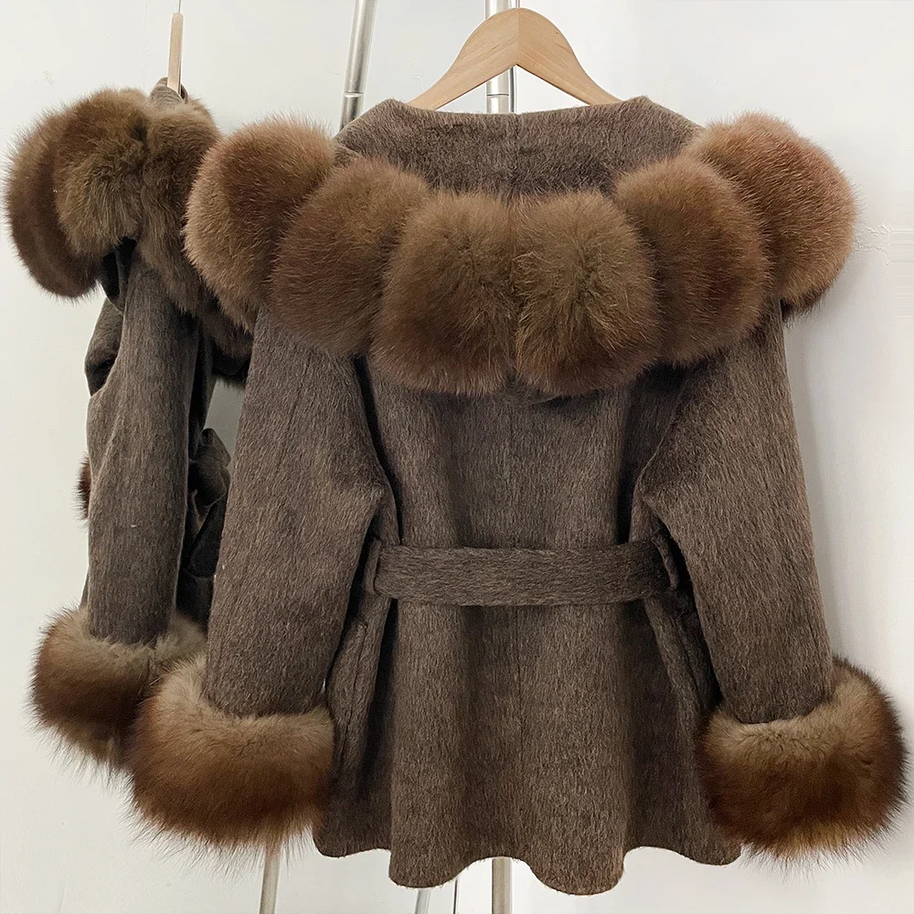 OFTBUY Neue Winterkleidung Damen Wollmantel mit Kapuze, Natürlicher Pelzkragen und -manschetten, Luxuriöser Gürtel, Echte Fuchspelz-Wolljacke für Frauen – Detail 8