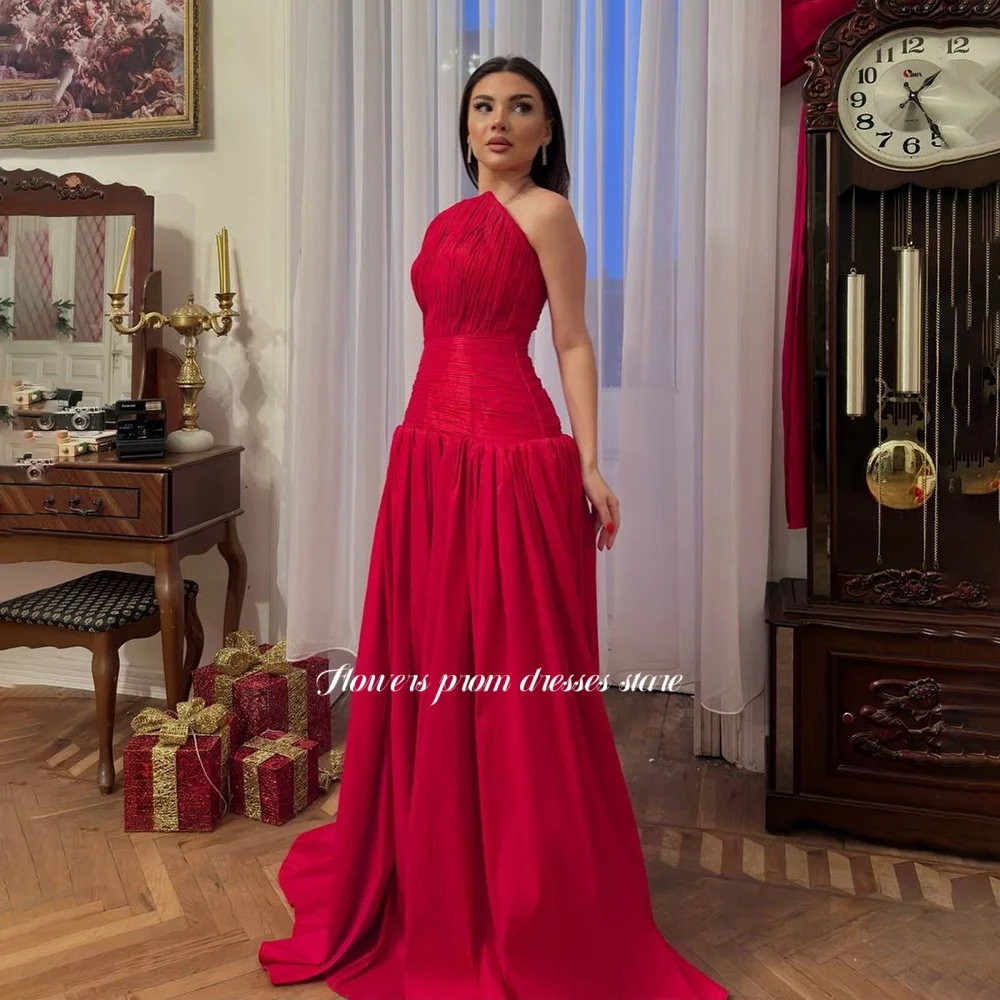 

Flowers Red Evening Dress with Pleats A Line Party Dress Chiffon Prom Dress for Arabic Women فساتين مناسبة رسمية Customized