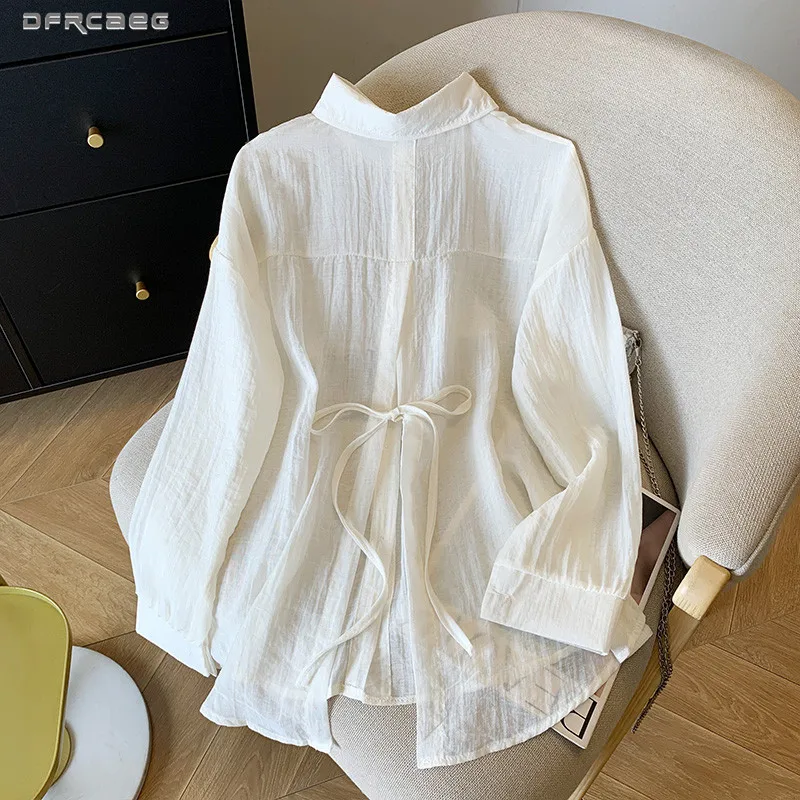 

Свободная белая блузка без спинки с разрезом для женщин, летняя, для помещений с кондиционером, рубашка-топ, верхняя одежда