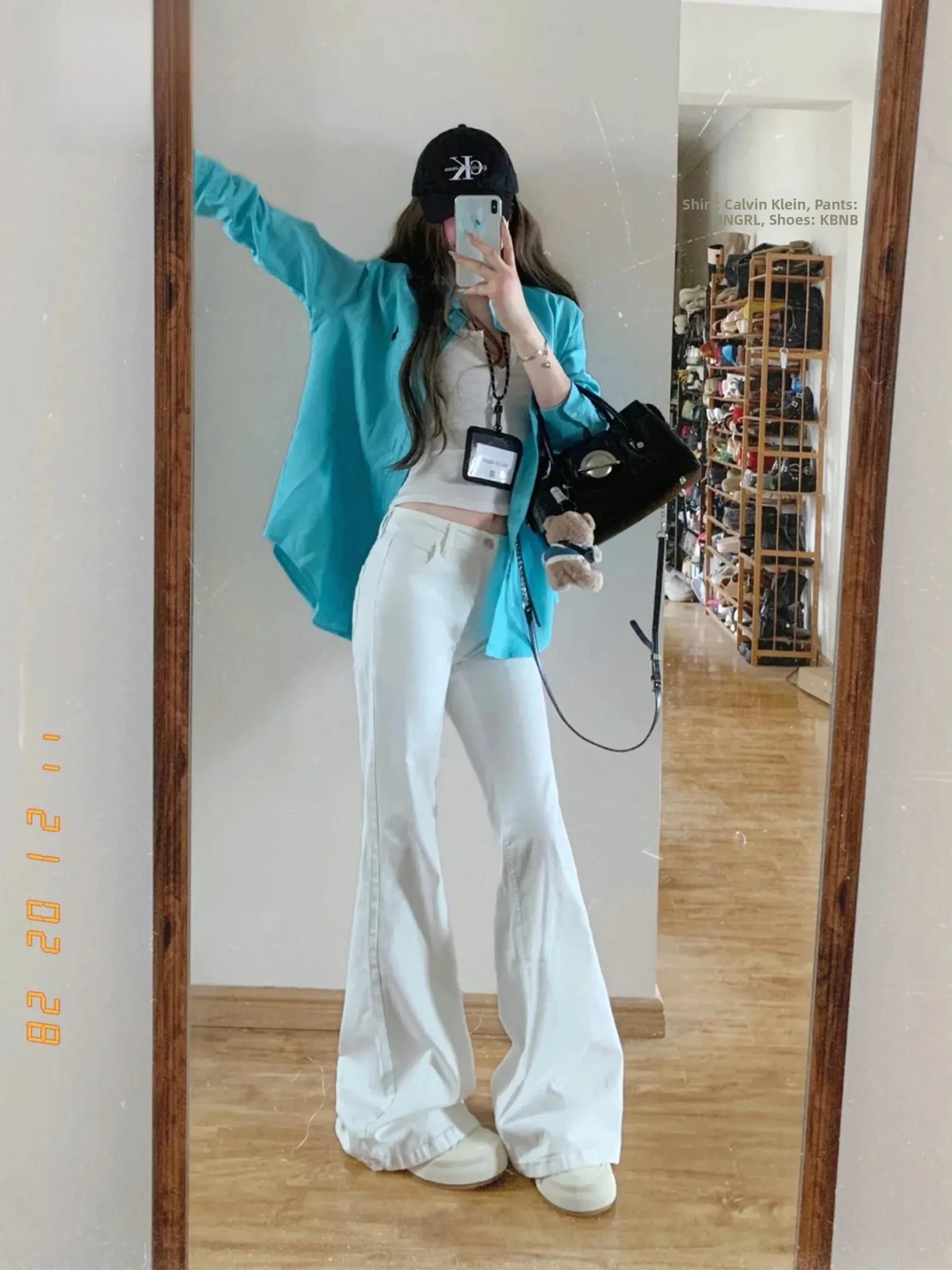 

Белые расклешенные джинсы в американском стиле с низкой талией на флисовой подкладке, женские утягивающие длинные брюки, летние модные джинсовые скинни с высокой талией