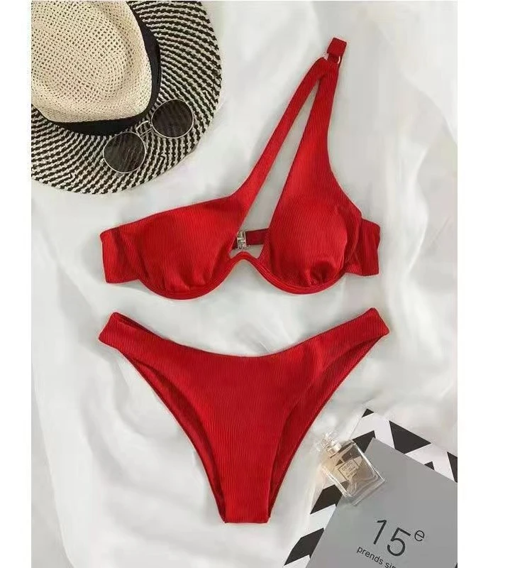 

2025 New Sexy Bikini Swimsuit Pure Color Single oulder Steel Torso Women's Separate Design Crossbody Multicolor Swimmingwear
