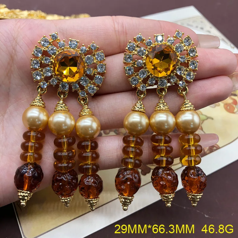 Retro Brown Glazed Lava Effect Pearl Necklace Diamond stud Earrings Plated Real Gold tassel Earrings Necklace