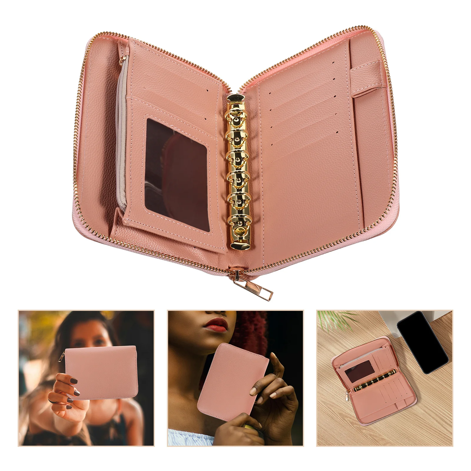 

Pink PU Budget Binder Cash Holder Wallet Zipper Organizer Refillable Planner Money Saving Card Holder for Women