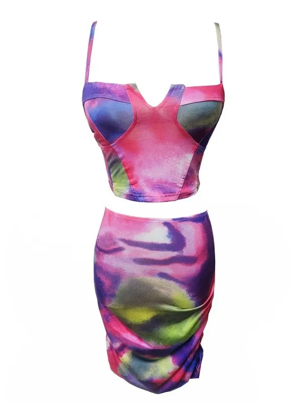 Meninas picantes sexy imprimem vestido apertado, mini-vestido com decote em v, tops de lingerie tie-dye, elegante RB76, nova moda, 2023