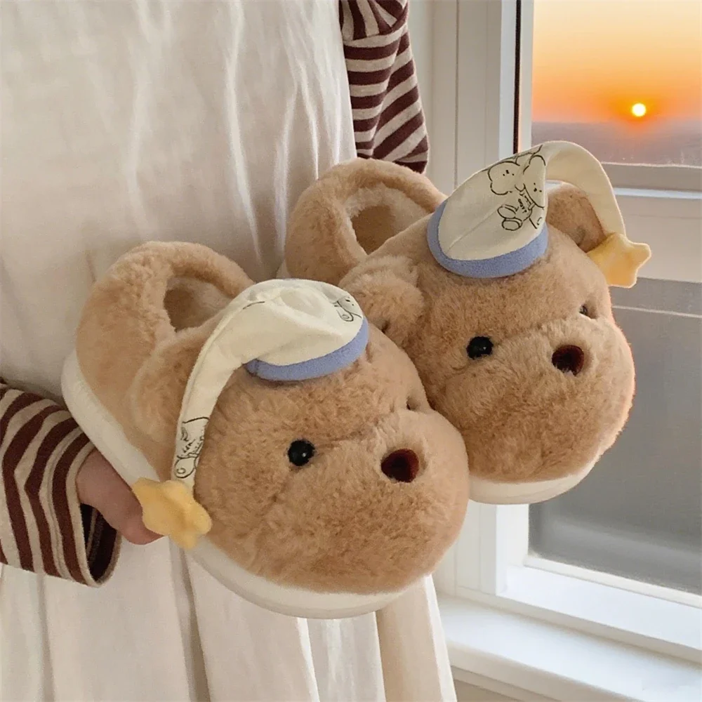 

Cute Bear Slippers Women's Home oes Warm Anti-slip Student Winter INS Sle Plu Slippers Soft Adorable Sp Caps