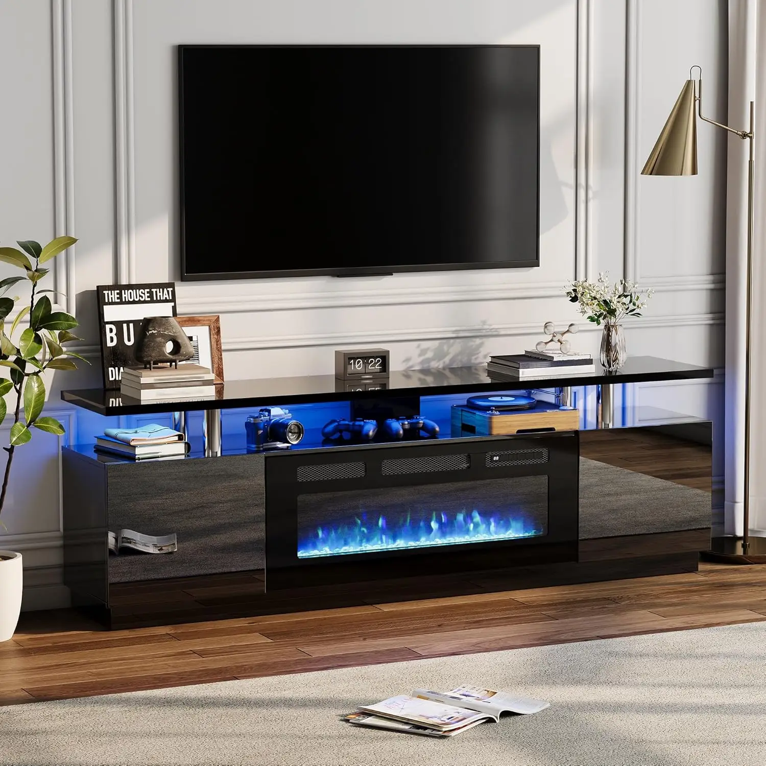 

Led Fireplace TV Stand 70 in, Modern Electric Fireplace TV Stand with Cabinets, 2 Tier TVStand with 36 in Fireplaces