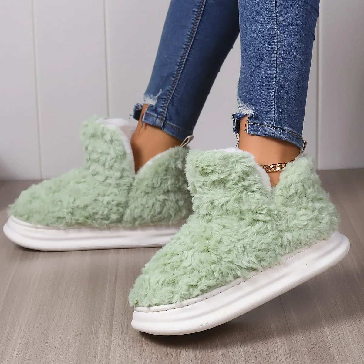 Women Winter Warm Plush Slippers Couples Platform Shoes Soft Fake Fur Thick Sole Girls Indoor Street Snow Boots Fluffy Footwear