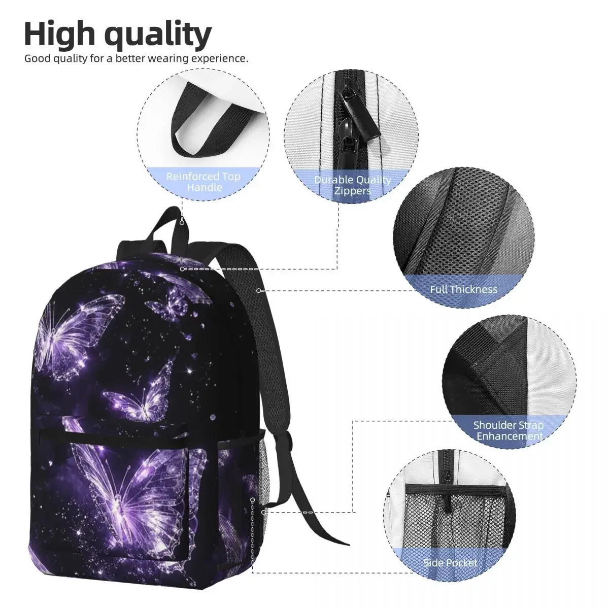 Purple Glowing Butterfly Pattern Backpack Daypack Large Capacity Boys Girls BookBag School Bag Shoulder Bags for Men Women