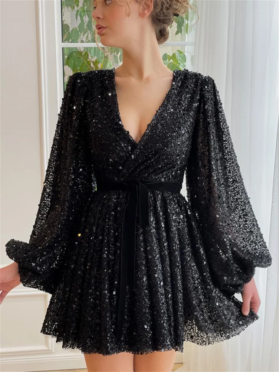 Shiyicey V-neck Lace Elegant Black Sequin Prom Dresses Long Sleeves Mini A-Line Formal Party Dresses